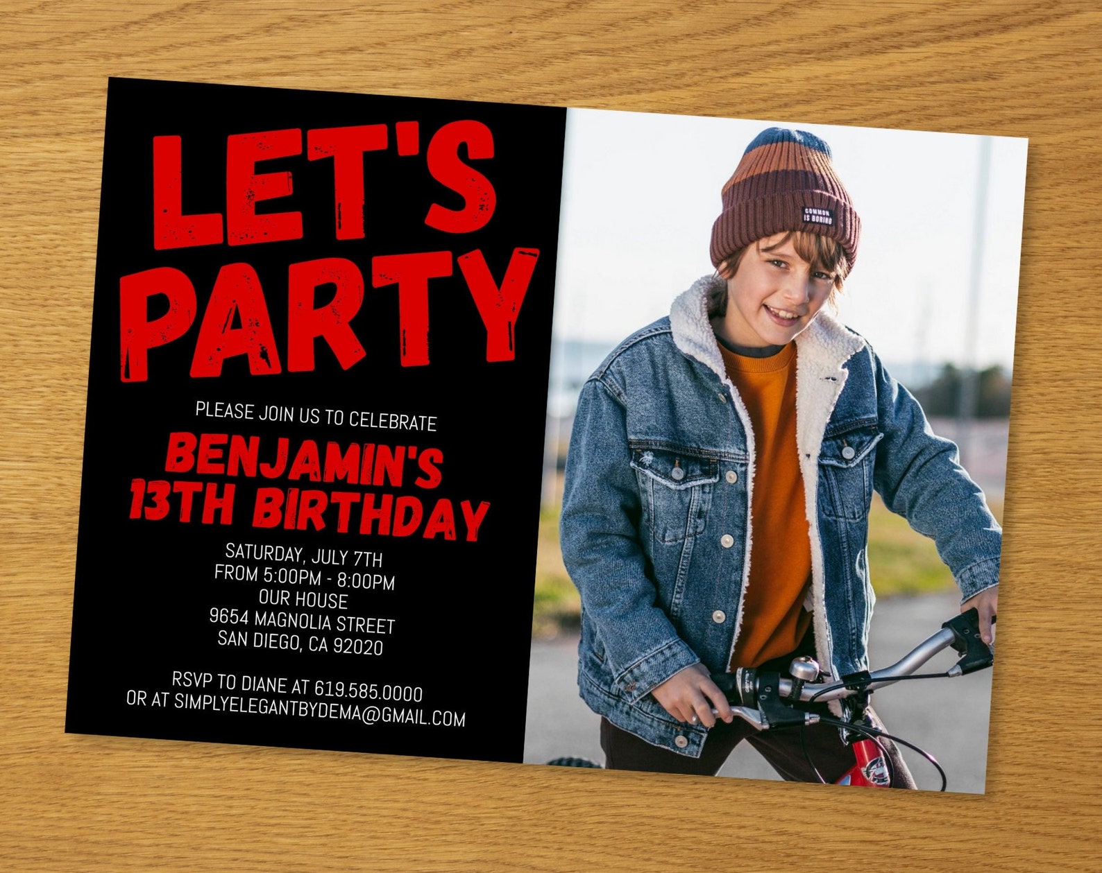 Photo Black and Red Birthday Invitation for Teens Boys Teenagers Kids
