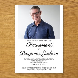 Simple Retirement Party Invitation Template for Men Women, Retirement Invitations with Photo, DIY, Classic Modern Retirement Invitations