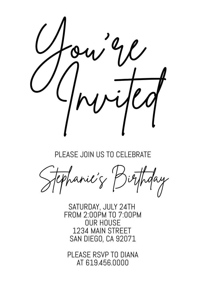 Minimalist Black & White Birthday Invitation Template, Instant Download