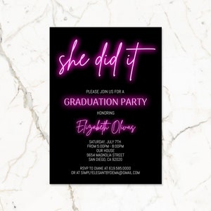 She Did It Graduation Invitation Template for Women Her, Neon Pink ...