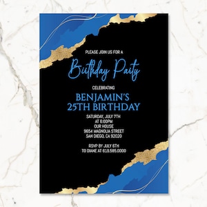 Editable Blue, Gold, & Black Birthday Invitations/ANY AGE/Luxury Blue Birthday Invitation Template/Instant Download/Adults, Kids, Teens, Men