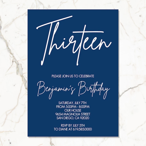 Navy Blue Birthday Invitation Template for Boys, Kids, Teens, Adults/ANY Age & Color/Printable Simple Birthday Invitations/Corjl DIY