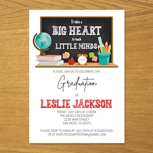 Invitación de graduación para maestros, invitación editable para fiesta de graduación de Big Heart Teach Little Minds, plantilla de invitación para la escuela de educadores, Corjl DIY