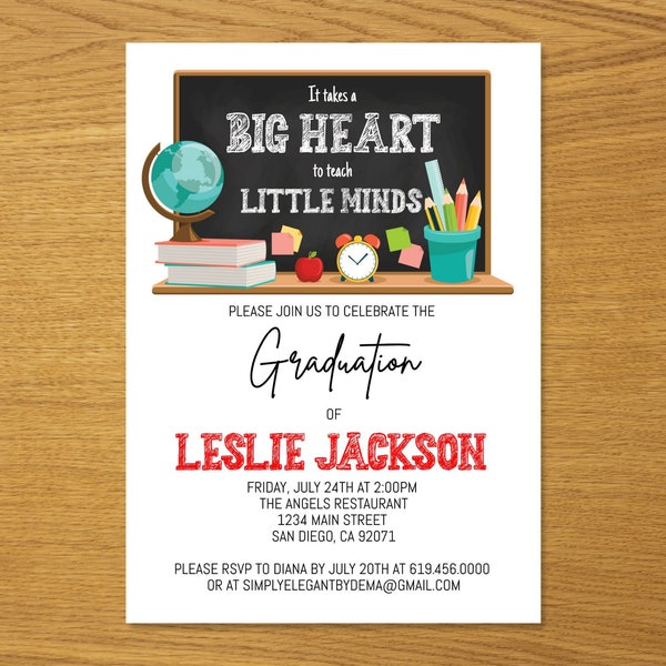 Teacher Graduation Invitation, Editable Big Heart Teach Little Minds Grad Party Invitation, Educator School Invitation Template, Corjl DIY