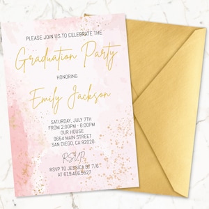 Pink Watercolor Graduation Announcement, Pink & Gold Graduation Party Invitation Template, College Graduation, High School Graduation, Corjl
