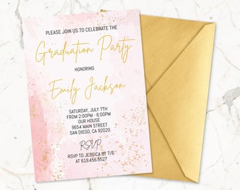 May include: Pink and gold graduation party invitation with a watercolor background. The invitation reads "Graduation Party" honoring "Emily Jackson". The invitation includes the date, time, location, and RSVP information.