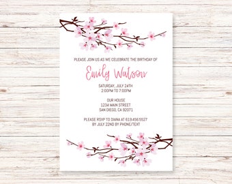 Cherry Blossom Birthday Invitations Template for Girls, Women, Teens, Kids/Japanese Invitations/Corjl Template/Pink Birthday Invitations