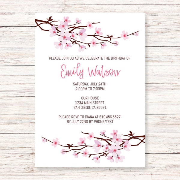 Cherry Blossom Birthday Invitations Template for Girls, Women, Teens, Kids/Japanese Invitations/Corjl Template/Pink Birthday Invitations