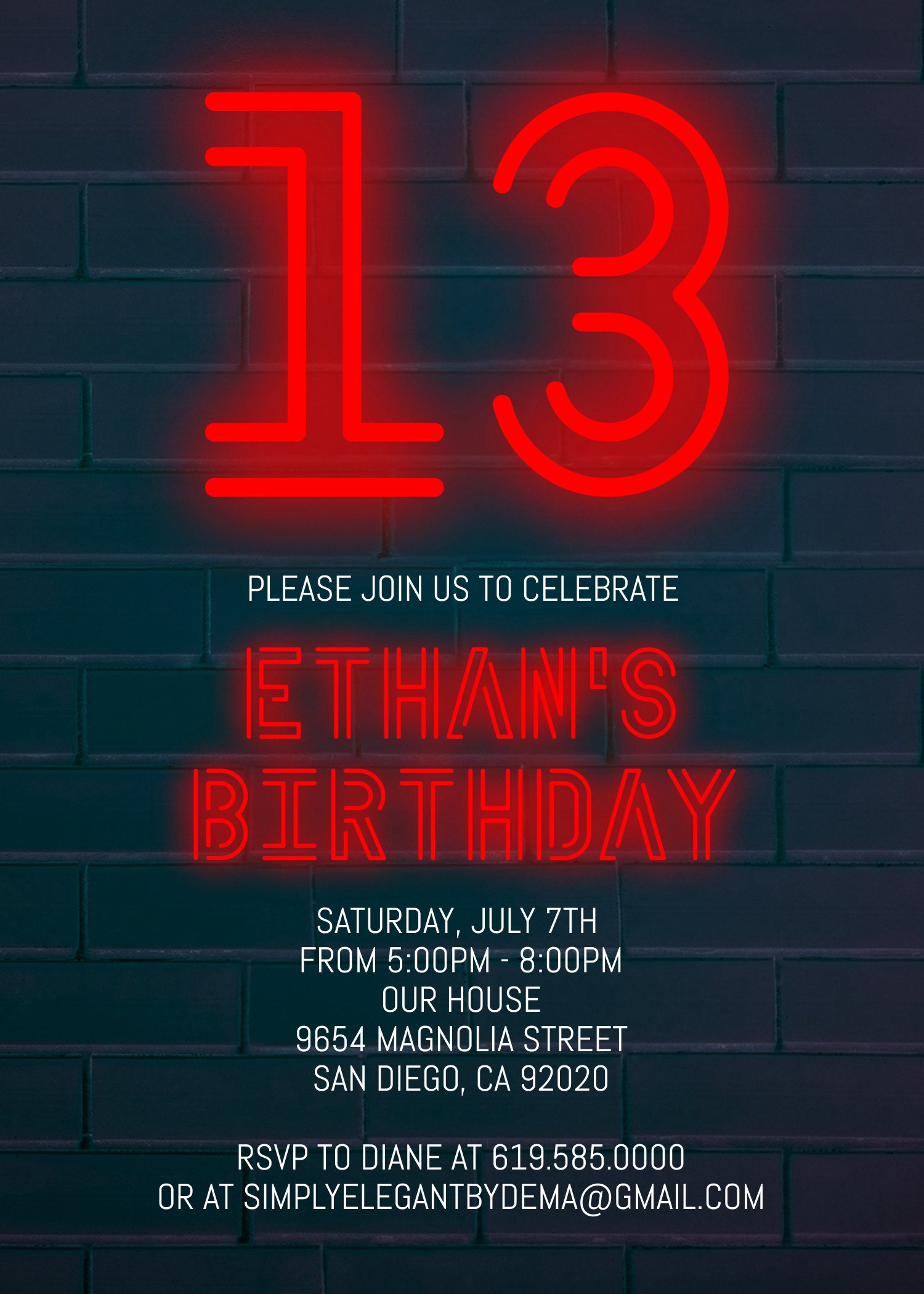 Neon Red Birthday Party Invitation for Boys Teens Kids/any Age/neon Red ...
