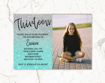 Glitter Teal & Silver Birthday Invitation with Photo/Girls Women Kids Teens/ANY AGE/Template Glitter Birthday Invitations/Instant Download