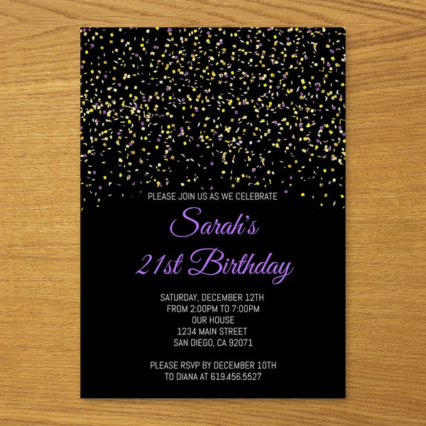 Black, Purple & Gold Birthday Invitations Template/Purple Gold Confetti Birthday Invitations for Men Women Adults/ANY AGE/Instant Download