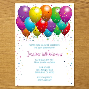 Colorful Balloons Birthday Invitation Template, Editable Birthday Invitations, Balloons Birthday Party Invitations for Boys Girls Teens Kids