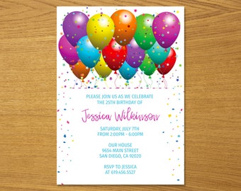 Colorful Balloons Birthday Invitation Template, Editable Birthday Invitations, Balloons Birthday Party Invitations for Boys Girls Teens Kids