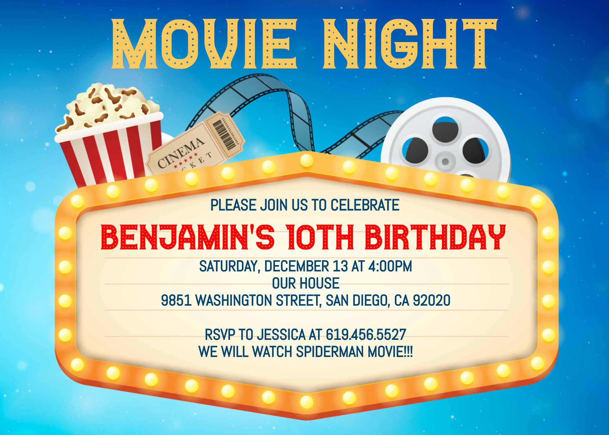 Movie Birthday Invitation, Cinema Birthday Invitation ,pop on Over ...