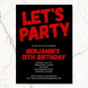 Black and Red Birthday Invitation for Teens Boys Teenagers Kids/ANY AGE & Color/Corjl/Red Birthday Invitations for Kids/Instant Download
