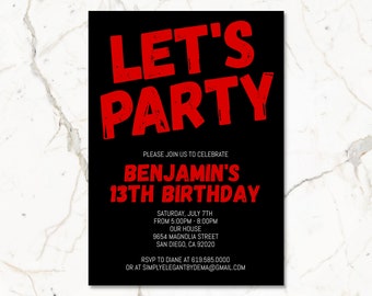 Black and Red Birthday Invitation for Teens Boys Teenagers Kids/ANY AGE & Color/Corjl/Red Birthday Invitations for Kids/Instant Download