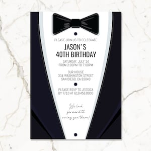 Stylish Black & White Birthday Party Invitations, Tuxedo Classic Man Invitation, Bowtie Gentleman Invitation, Corjl Instant Download, DIY