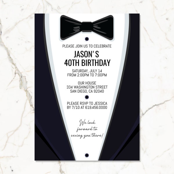 Stylish Black & White Birthday Party Invitations, Tuxedo Classic Man Invitation, Bowtie Gentleman Invitation, Corjl Instant Download, DIY