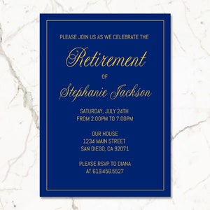 Blue & Gold Retirement Invitations/Printable Golden and Navy Blue Frame Retirement Invitations for Men Women/Instant Download/Template