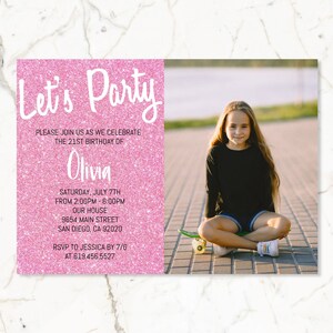 Glitter Pink Birthday Invitation with Photo/Girls Women Kids Teens/ANY AGE/Template Pink Glitter Birthday Invitations/Instant Download