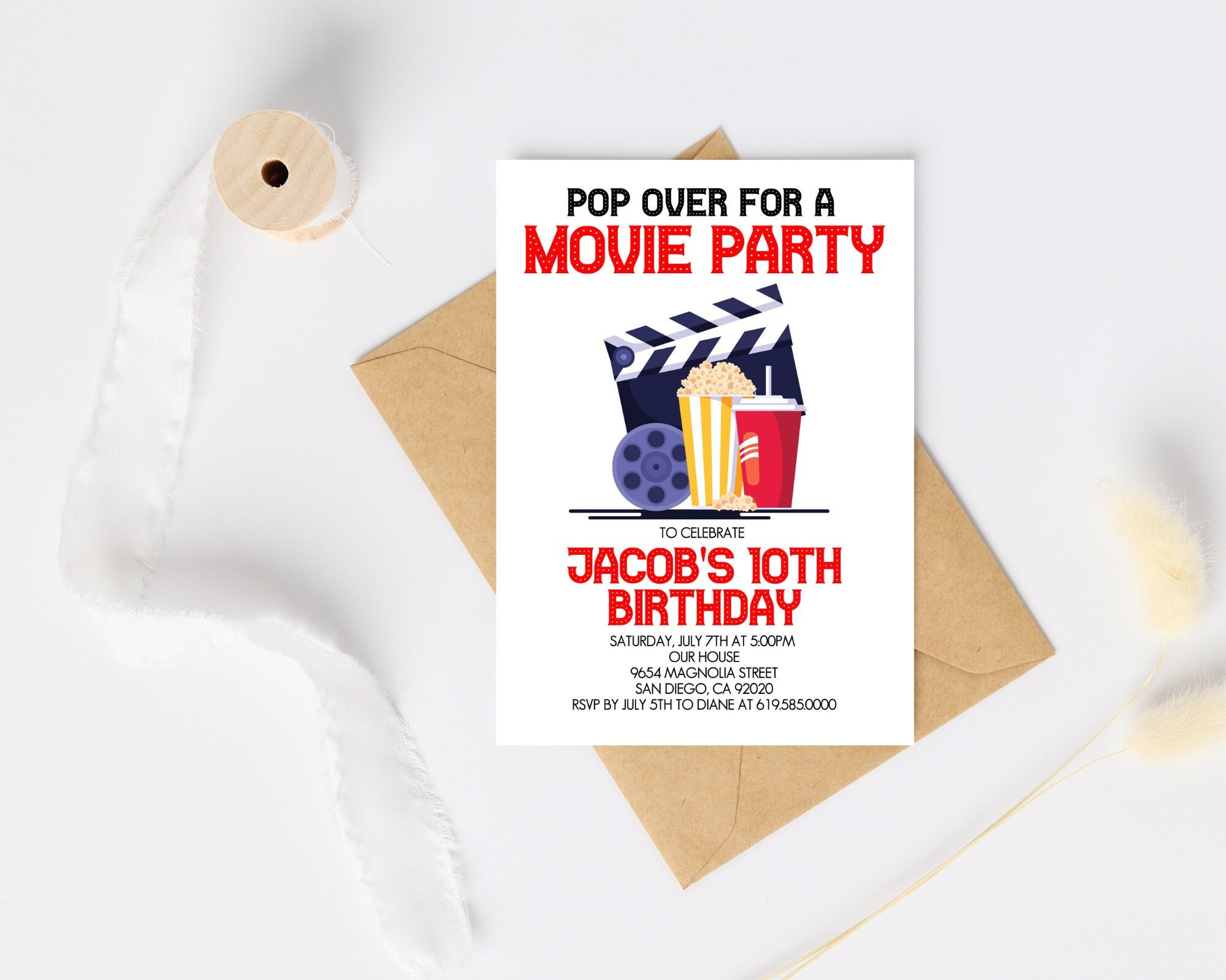 Movie Birthday Invitation, Cinema Birthday Invitation ,pop on Over ...