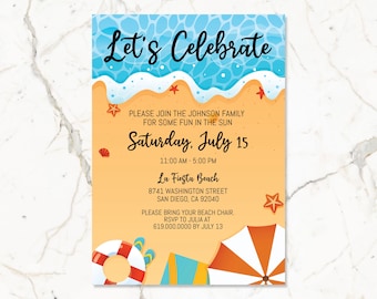 Beach Party Invitation Template, Let's Celebrate Beach Invite, Summer Beach Party Invitation, Pool Party Invitation, Corjl Template DIY