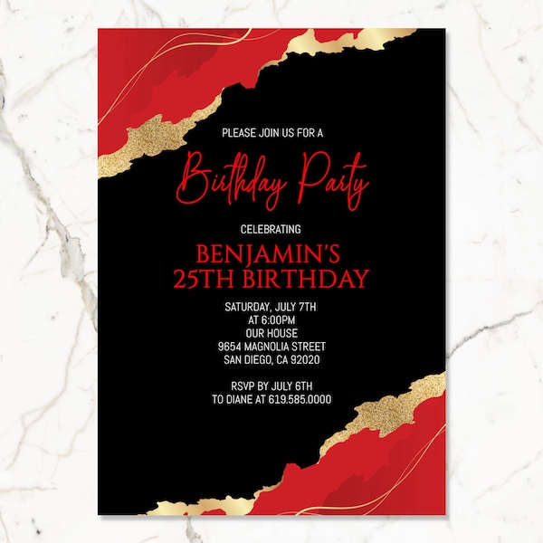 Editable Red, Gold, & Black Birthday Invitations/ANY AGE/Luxury Red Birthday Invitation Template/Instant Download/Adults, Kids, Teens, Men