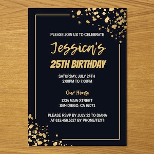 Black and Gold Birthday Invitations Template/ANY AGE/Printable Gold Confetti Birthday Invitations for Men Women/Instant Download Corjl