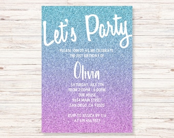 Sjabloon glitterverjaardagsuitnodiging, paarsblauwe glitter (digitale download Corjl DIY)