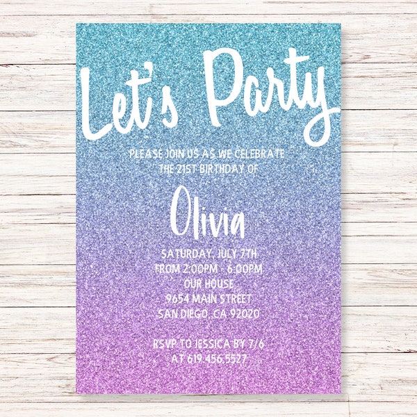 Purple Blue Glitter Birthday Invitation for Girls Women Teens Kids/ANY AGE/Sparkle Birthday Invitation Template/Instant Download/Let's Party