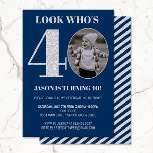 Silver & Blue Birthday Invitation for Men Women, Navy Blue Birthday Invite, Photo Birthday Invitation Template/ANY AGE/Instant Download