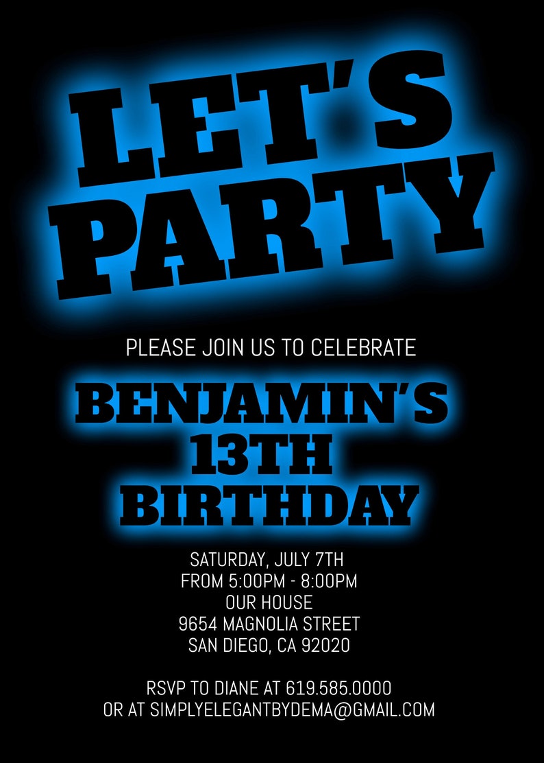 Black & Blue Birthday Invitation for Boys Teens Kids/ANY AGE/Neon Blue Birthday Invitation Template/Instant Download/Glow in the Dark Party image 2