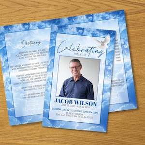 May include: A blue and white funeral program with a photo of a man in a blue shirt and a white dove flying above a blue sky. The program includes the name Jacob Wilson, the dates June 13, 1930 - July 22, 2024, and the service details.