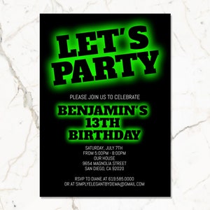 Black & Green Birthday Invitation for Boys Teens Kid/ANY AGE/Neon Green Birthday Invitation Template/Instant Download/Glow in the Dark Party