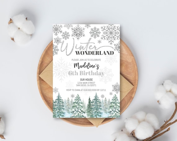 Winter Wonderland Invitation Template, Winter Birthday Invitation, Snowflake Birthday Invitation, Snow, Template Corjl DIY Instant Download
