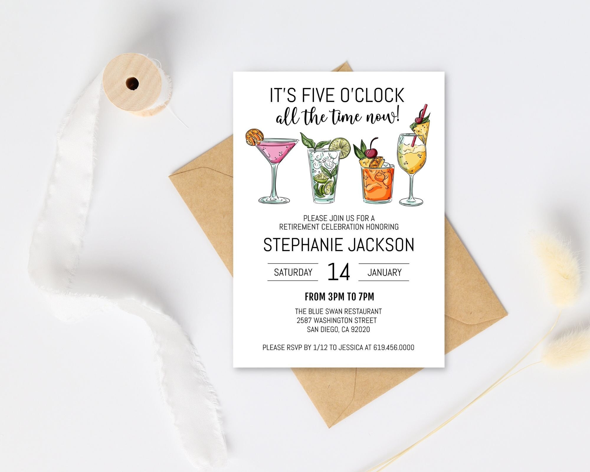 Retirement Party Invitation Template, Minimalist Retirement Celebration Invitation, Happy Hour, Drinks Alcohol, Instant Download Corjl DIY