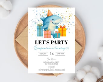 May include: A blue and white shark with a party hat holding presents. The invitation reads "Let's Party Benjamin's is turning 5!" with the date and time of the party.