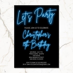 Black & Blue Birthday Invitation for Boys Teens Kids/ANY AGE/Neon Blue Birthday Invitation Template/Instant Download/Glow in the Dark Party