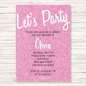 Pink Glitter Birthday Invitation for Girls Women Teens Kids/ANY AGE/Sparkle/Pink Birthday Invitations Template/Instant Download/Let&#39;s Party