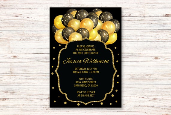 Black and Gold Birthday Invitation Template Editable Birthday - Etsy