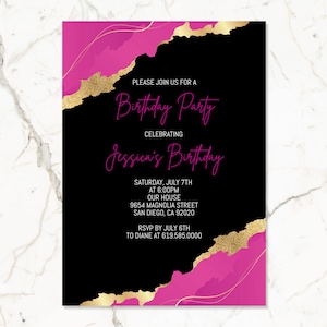 Editable Pink and Black Birthday Invitations/Luxury Pink Birthday Invitation Template/Instant Download/Adults, Kids, Teens, Women, Girls