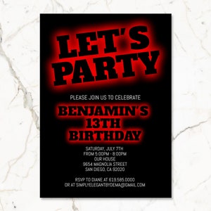 Invito di compleanno nero e rosso per ragazzi adolescenti bambini/QUALSIASI ETÀ/Modello di invito di compleanno rosso neon/Download immediato/Festa che si illumina al buio
