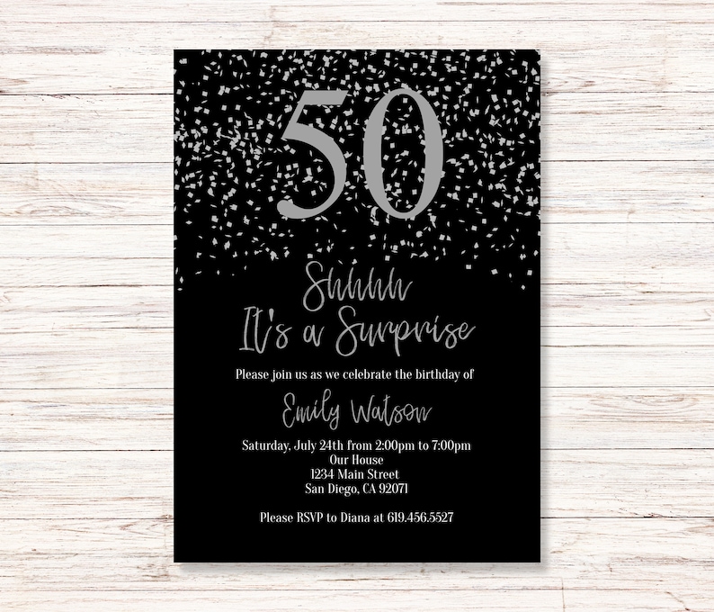 Black and Silver Birthday Invitations/editable Silver Confetti Birthday Black and Silver Birthday Invitations/editable Silver Confetti Birthday