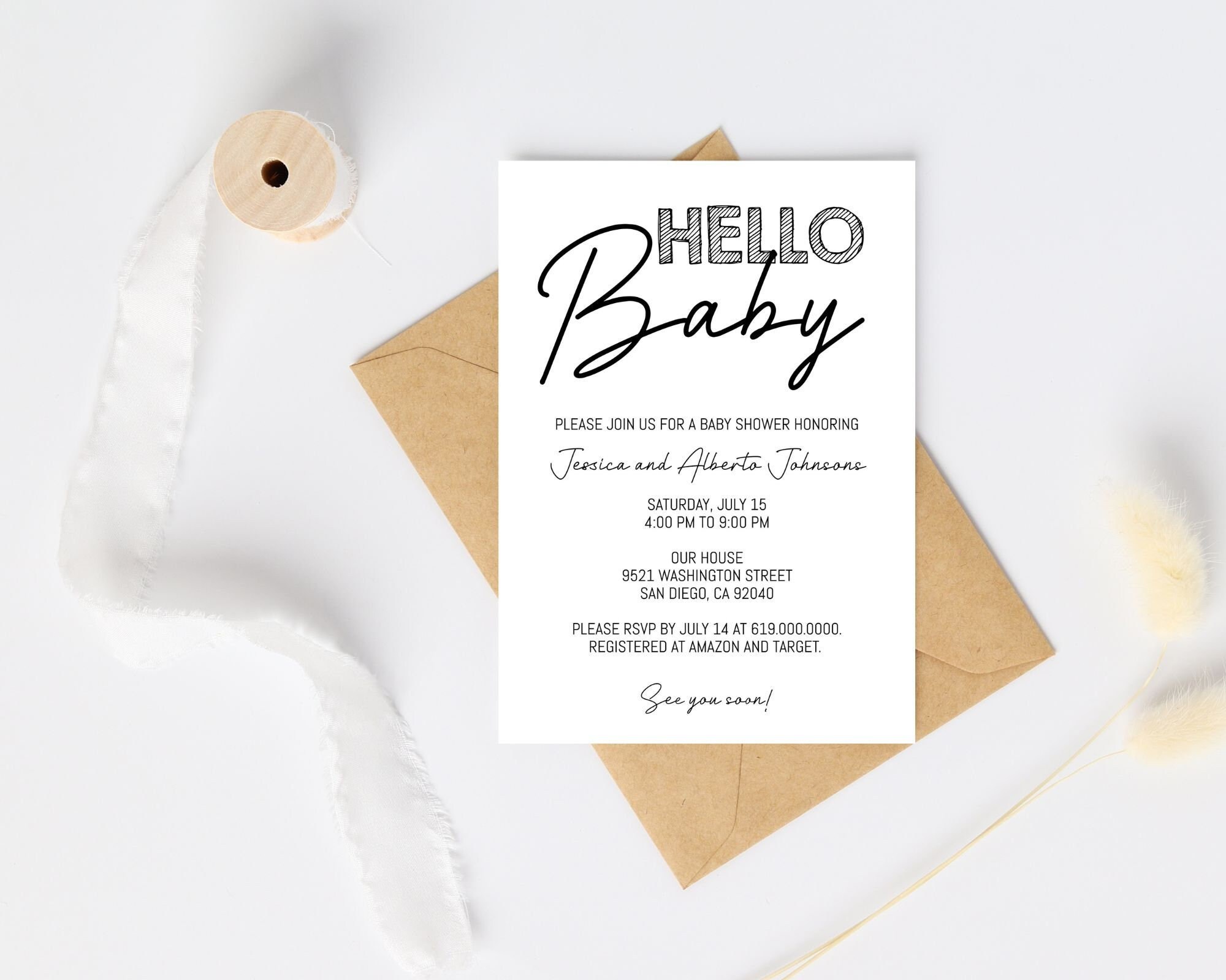 Editable Minimalist Baby Shower Invitation, Modern Black & White Hello ...