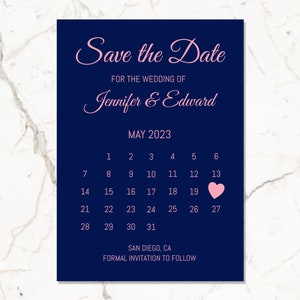 Rosa & Blau Save the Date Cards Vorlage/Navy Blau und Rosegold Save the Date Ankündigung Kalender Printable/Instant Download/Corjl DIY