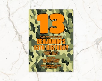 May include: A green and brown camouflage pattern birthday invitation for a 13th birthday party. The invitation says "Please join us to celebrate Benjamin's 13th Birthday" with the date and time of the party. The invitation also includes the address and RSVP information.