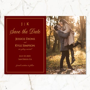 Bordeaux Save the Date-kaarten met fotosjabloon/Moron & Gold Save the Dates/Modern Rood en Goud Save the Date Aankondiging Instant Download
