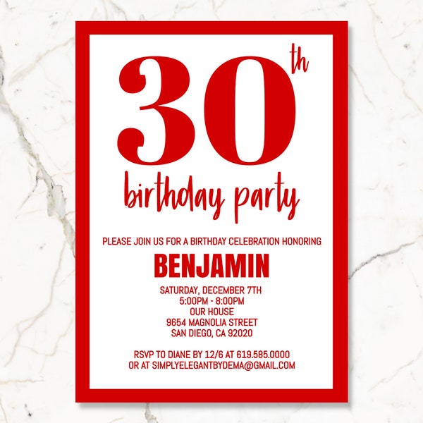 Red Birthday Invitations for Men Women Adults/ANY AGE & Color/Edit Yourself Corjl/Red Birthday Invitation Template/Digital Invitation