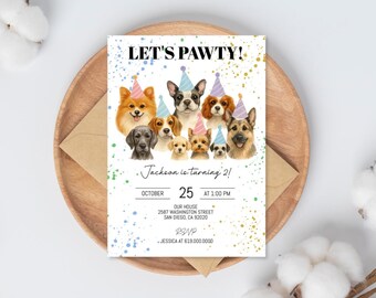 May include: A party invitation with the text "LET'S PAWTY!" and watercolor illustrations of various dog breeds wearing party hats. The invitation includes the date, time, and RSVP information. The invitation is on a white background with colorful paint splatters.
