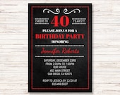 40th Birthday Party Invitation, INSTANT DOWNLOAD Digital Template, ANY Age, Chalkboard Red Black White, Cheers to 40 Years, Red Invitations